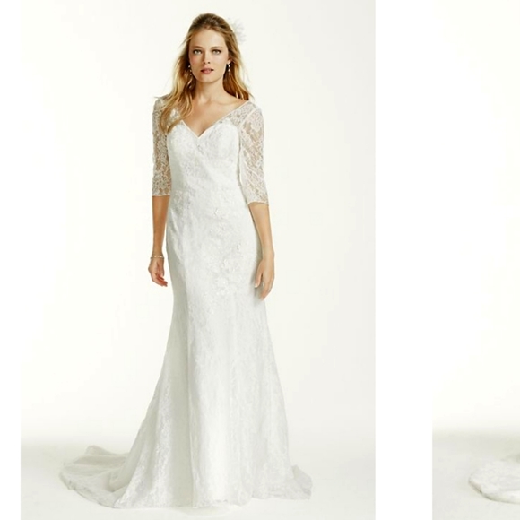 ¾ Sleeve All Over Lace Trumpet Wedding Dress-Size 6/8 - Picture 4 of 17